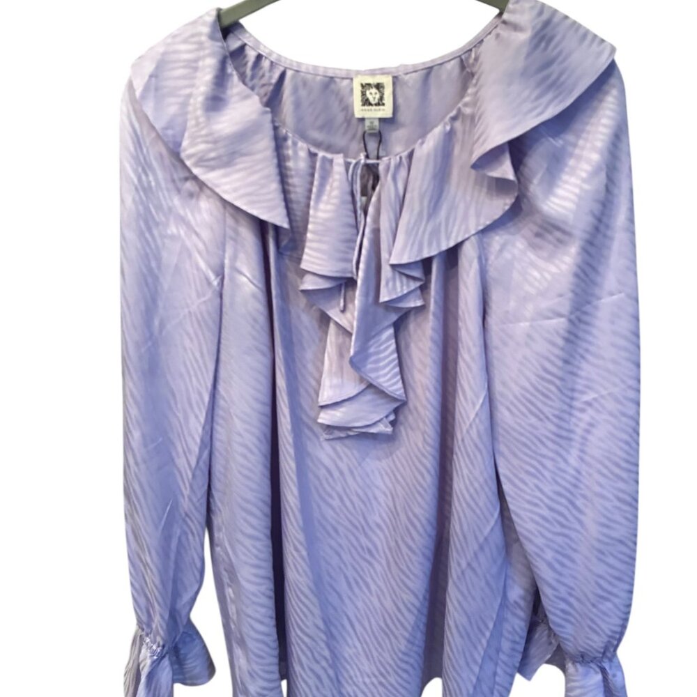 NWT  Anne Klein Ruffle Long Sleeve Blouse lavender Size M‎